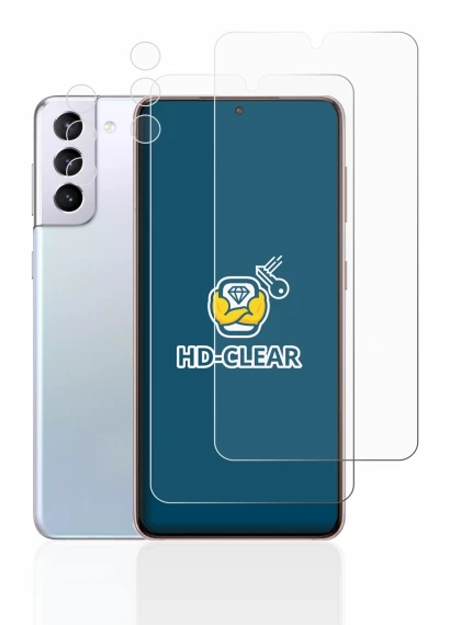 Abbildung des Geräts Samsung Galaxy S21 5G (Display+Kamera) mit einer Vielzahl des Displayschutzes.