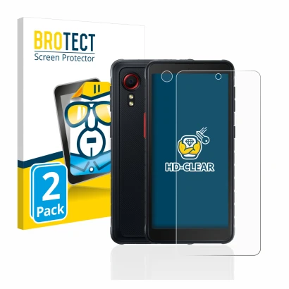 Vorderseite einer Produktverpackung mit dem Markenlogo BROTECT. Daneben ist das Gerät Samsung Galaxy XCover 5 (Display+Kamera)