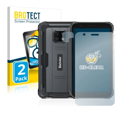 Vorderseite einer Produktverpackung mit dem Markenlogo BROTECT. Daneben ist das Gerät Blackview BV4900S (Display+Kamera) mit d