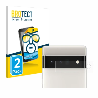 Vorderseite einer Produktverpackung mit dem Markenlogo BROTECT. Daneben ist das Gerät Google Pixel 6 Pro (NUR Kameraschutz) mi