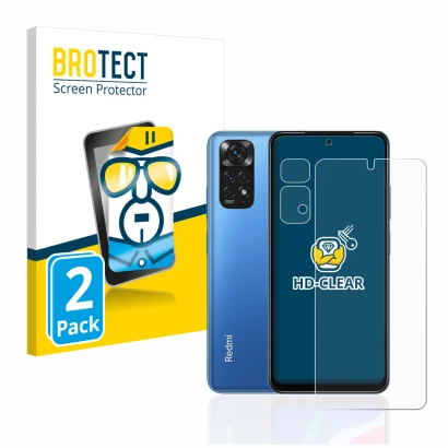 Vorderseite einer Produktverpackung mit dem Markenlogo BROTECT. Daneben ist das Gerät Xiaomi Redmi Note 11 (Display+Kamera) mi