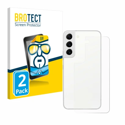 Vorderseite einer Produktverpackung mit dem Markenlogo BROTECT. Daneben ist das Gerät Samsung Galaxy S22 5G (Rückseite) mit de