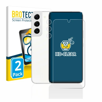 Vorderseite einer Produktverpackung mit dem Markenlogo BROTECT. Daneben ist das Gerät Samsung Galaxy S22 5G (Display+Kamera) m
