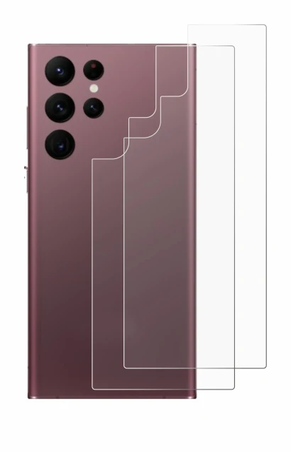 Abbildung des Geräts Samsung Galaxy S22 Ultra 5G (Rückseite) mit einer Vielzahl des Displayschutzes.