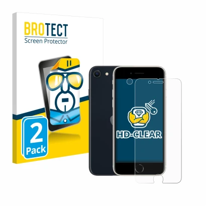 Vorderseite einer Produktverpackung mit dem Markenlogo BROTECT. Daneben ist das Gerät Apple iPhone SE 3 2022 (Display+Kamera) 