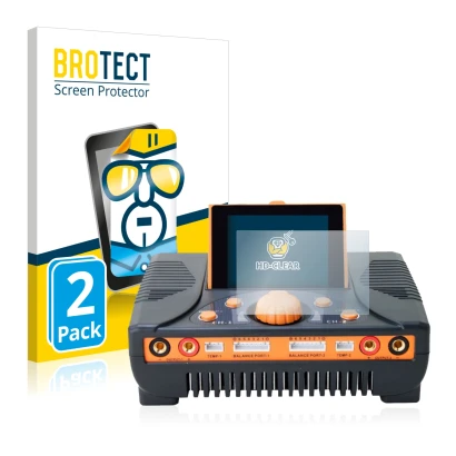 Vorderseite einer Produktverpackung mit dem Markenlogo BROTECT. Daneben ist das Gerät Junsi iCharger 406 Duo mit dem zugehörig