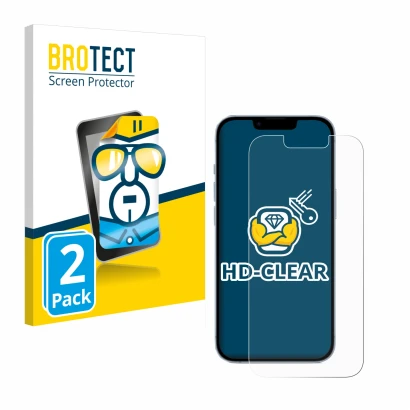 Vorderseite einer Produktverpackung mit dem Markenlogo BROTECT. Daneben ist das Gerät Apple iPhone 14 mit dem zugehörigen Disp