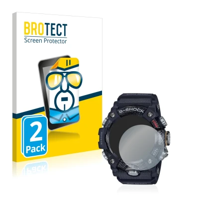 Vorderseite einer Produktverpackung mit dem Markenlogo BROTECT. Daneben ist das Gerät Casio G-Shock Mudmaster GG-B100-1AER mit