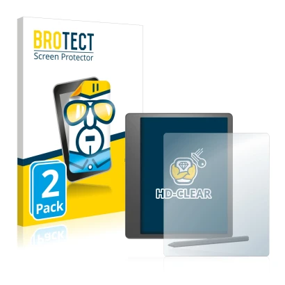 Vorderseite einer Produktverpackung mit dem Markenlogo BROTECT. Daneben ist das Gerät Amazon Kindle Scribe mit dem zugehörigen