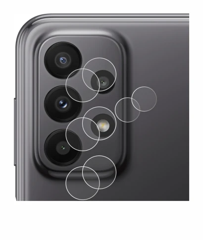 Abbildung des Geräts Samsung Galaxy A23 5G (NUR Kameraschutz) mit einer Vielzahl des Displayschutzes.