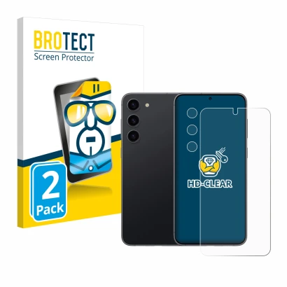 Vorderseite einer Produktverpackung mit dem Markenlogo BROTECT. Daneben ist das Gerät Samsung Galaxy S23 (Display+Kamera) mit 