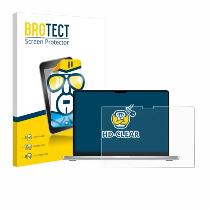 Vorderseite einer Produktverpackung mit dem Markenlogo BROTECT. Daneben ist das Gerät Apple MacBook Pro 14" M2 2023 mit dem zu