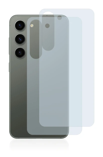 Abbildung des Geräts Samsung Galaxy S23 (Rückseite) mit einer Vielzahl des Displayschutzes.
