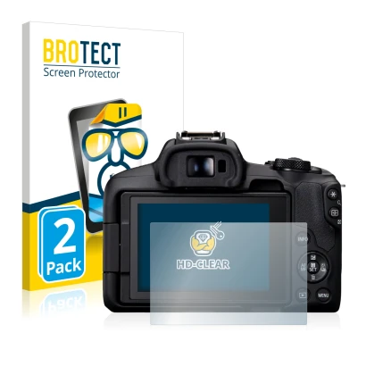 Vorderseite einer Produktverpackung mit dem Markenlogo BROTECT. Daneben ist das Gerät Canon EOS R50 mit dem zugehörigen Displa
