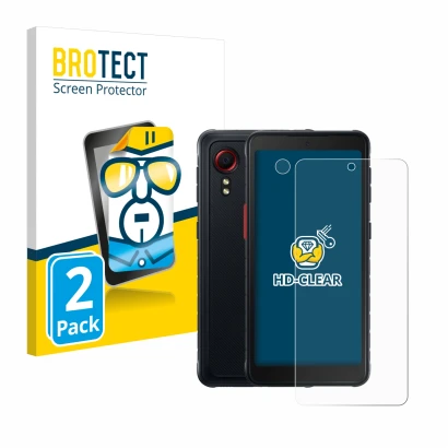 Vorderseite einer Produktverpackung mit dem Markenlogo BROTECT. Daneben ist das Gerät Samsung Galaxy XCover 5 Enterprise Editi