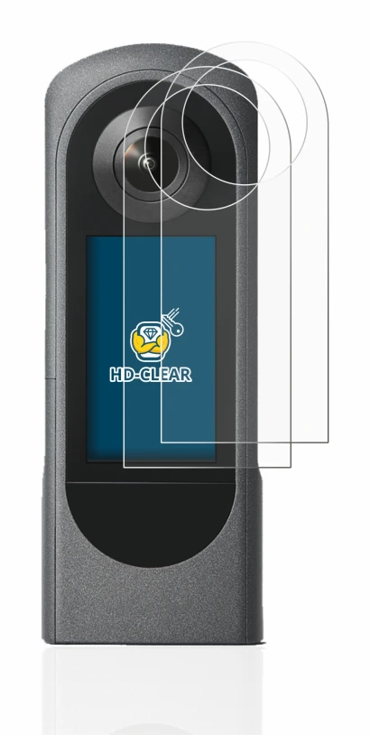 Abbildung des Geräts Ricoh Theta X mit einer Vielzahl des Displayschutzes.
