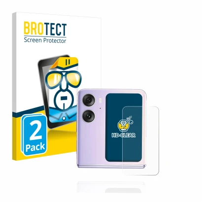 Vorderseite einer Produktverpackung mit dem Markenlogo BROTECT. Daneben ist das Gerät Oppo Find N2 Flip (Hinteres Display) mit