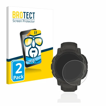 Vorderseite einer Produktverpackung mit dem Markenlogo BROTECT. Daneben ist das Gerät Garmin Instinct 2 Solar mit dem zugehöri