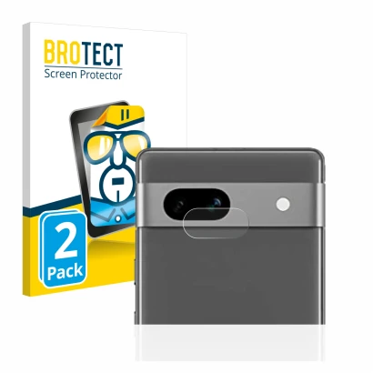 Vorderseite einer Produktverpackung mit dem Markenlogo BROTECT. Daneben ist das Gerät Google Pixel 7a (NUR Kameraschutz) mit d
