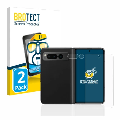 Vorderseite einer Produktverpackung mit dem Markenlogo BROTECT. Daneben ist das Gerät Google Pixel Fold (Display+Kamera) mit d