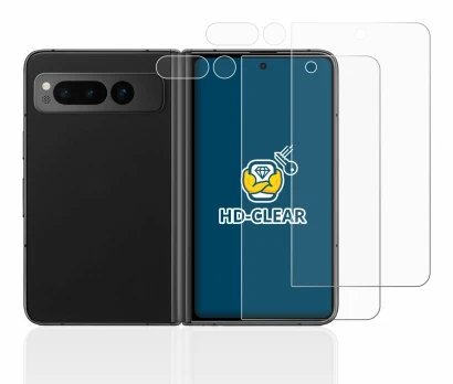 Abbildung des Geräts Google Pixel Fold (Display+Kamera) mit einer Vielzahl des Displayschutzes.