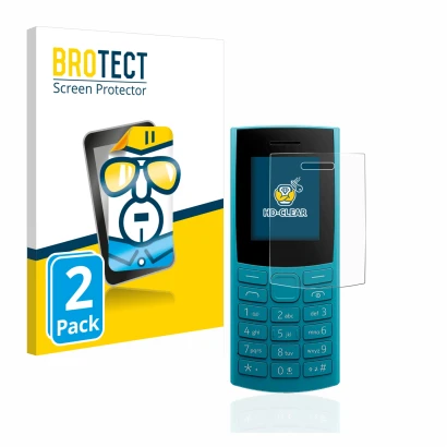 Vorderseite einer Produktverpackung mit dem Markenlogo BROTECT. Daneben ist das Gerät Nokia 105 4G (2023) mit dem zugehörigen 