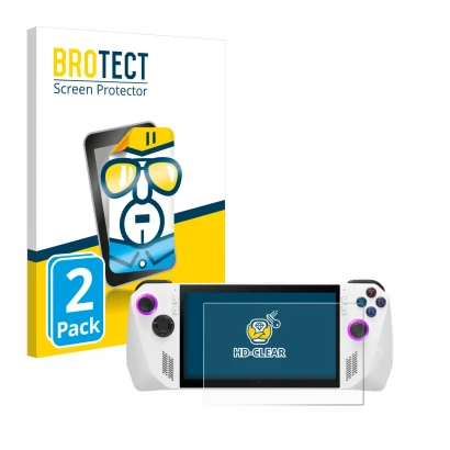 Vorderseite einer Produktverpackung mit dem Markenlogo BROTECT. Daneben ist das Gerät ASUS ROG Ally (2023) RC71L mit dem zugeh