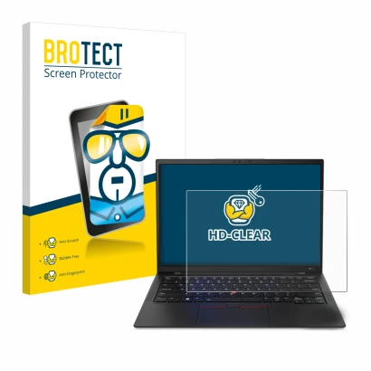 Vorderseite einer Produktverpackung mit dem Markenlogo BROTECT. Daneben ist das Gerät Lenovo ThinkPad X1 Carbon 14" Gen 11 mit