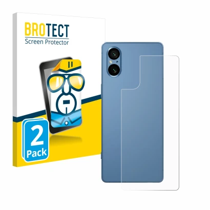 Vorderseite einer Produktverpackung mit dem Markenlogo BROTECT. Daneben ist das Gerät Sony Xperia 5 V (Rückseite) mit dem zuge