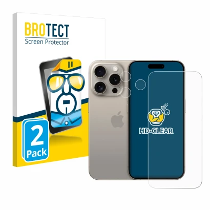 Vorderseite einer Produktverpackung mit dem Markenlogo BROTECT. Daneben ist das Gerät Apple iPhone 15 Pro (Display+Kamera) mit