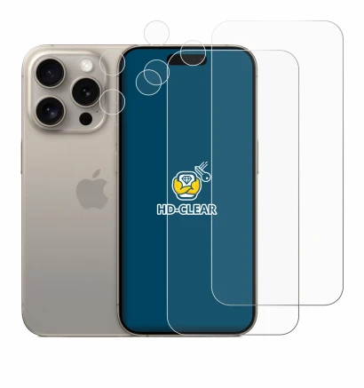 Abbildung des Geräts Apple iPhone 15 Pro (Display+Kamera) mit einer Vielzahl des Displayschutzes.