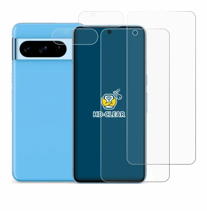 Abbildung des Geräts Google Pixel 8 Pro (Display+Kamera) mit einer Vielzahl des Displayschutzes.