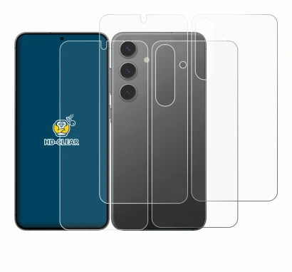Abbildung des Geräts Samsung Galaxy S24 (Display+Rückseite) mit einer Vielzahl des Displayschutzes.
