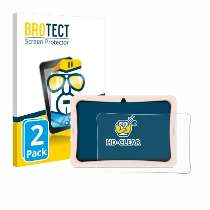 Vorderseite einer Produktverpackung mit dem Markenlogo BROTECT. Daneben ist das Gerät Doogee U10 Kid mit dem zugehörigen Displ