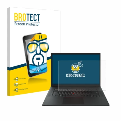 Vorderseite einer Produktverpackung mit dem Markenlogo BROTECT. Daneben ist das Gerät Lenovo ThinkPad P1 Gen 6 16" mit dem zug