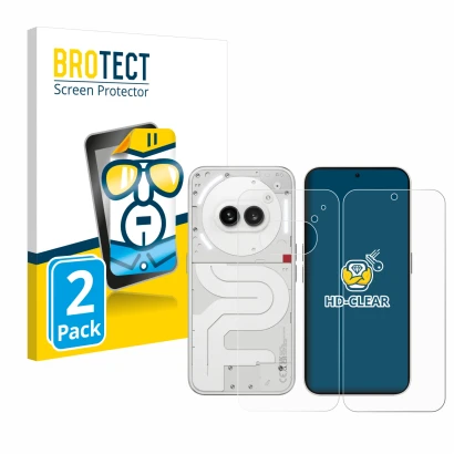 Vorderseite einer Produktverpackung mit dem Markenlogo BROTECT. Daneben ist das Gerät Nothing Phone (2a) (Display+Rückseite) m