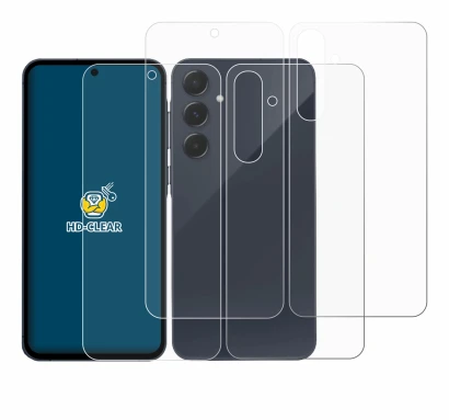 Abbildung des Geräts Samsung Galaxy A55 5G (Display+Rückseite) mit einer Vielzahl des Displayschutzes.