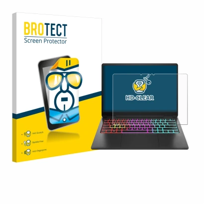 Vorderseite einer Produktverpackung mit dem Markenlogo BROTECT. Daneben ist das Gerät HP Omen Transcend 14 mit dem zugehörigen