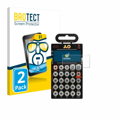 Vorderseite einer Produktverpackung mit dem Markenlogo BROTECT. Daneben ist das Gerät Teenage Engineering PO-33 K.O! mit dem z