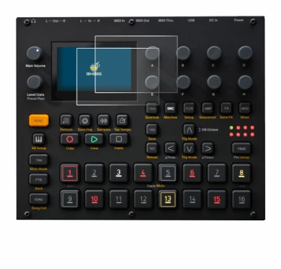 Abbildung des Geräts Elektron Digitakt II mit einer Vielzahl des Displayschutzes.