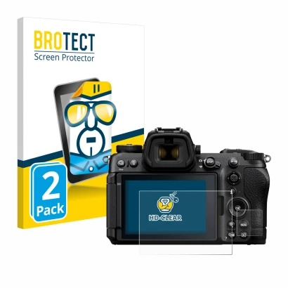 Vorderseite einer Produktverpackung mit dem Markenlogo BROTECT. Daneben ist das Gerät Nikon Z6 III mit dem zugehörigen Display