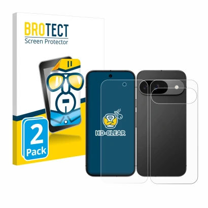 Vorderseite einer Produktverpackung mit dem Markenlogo BROTECT. Daneben ist das Gerät Google Pixel 9 (Display+Rückseite) mit d