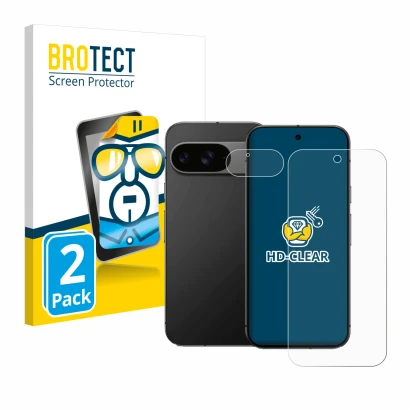 Vorderseite einer Produktverpackung mit dem Markenlogo BROTECT. Daneben ist das Gerät Google Pixel 9 (Display+Kamera) mit dem