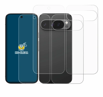 Abbildung des Geräts Google Pixel 9 Pro (Display+Rückseite) mit einer Vielzahl des Displayschutzes.