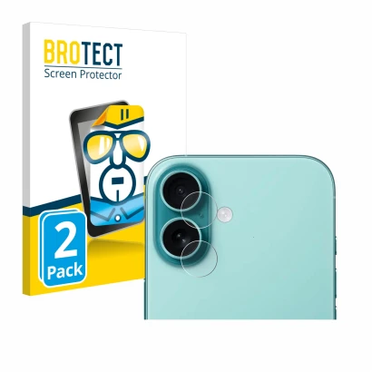 Vorderseite einer Produktverpackung mit dem Markenlogo BROTECT. Daneben ist das Gerät Apple iPhone 16 (NUR Kameraschutz) mit d