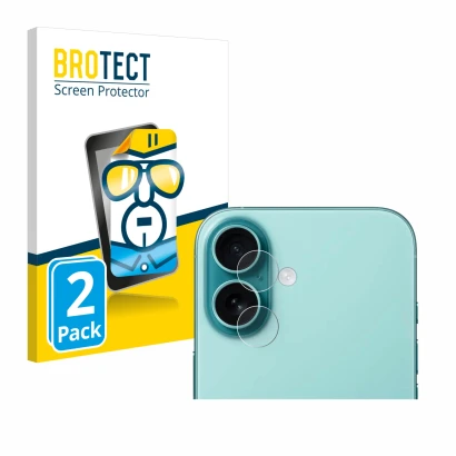 Vorderseite einer Produktverpackung mit dem Markenlogo BROTECT. Daneben ist das Gerät Apple iPhone 16 Plus (NUR Kameraschutz) 