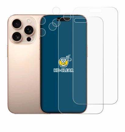 Abbildung des Geräts Apple iPhone 16 Pro Max (Display+Kamera) mit einer Vielzahl des Displayschutzes.