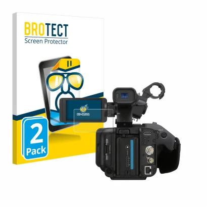 Vorderseite einer Produktverpackung mit dem Markenlogo BROTECT. Daneben ist das Gerät Sony PXW-Z200 mit dem zugehörigen Displa