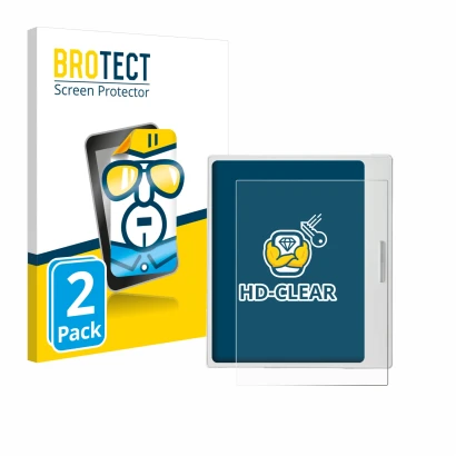 Vorderseite einer Produktverpackung mit dem Markenlogo BROTECT. Daneben ist das Gerät Boox Go Color 7 White Edition mit dem zu