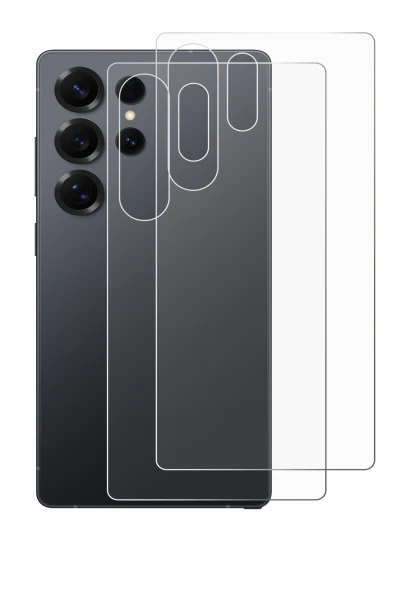 Abbildung des Geräts Samsung Galaxy S25 Ultra (Rückseite) mit einer Vielzahl des Displayschutzes.